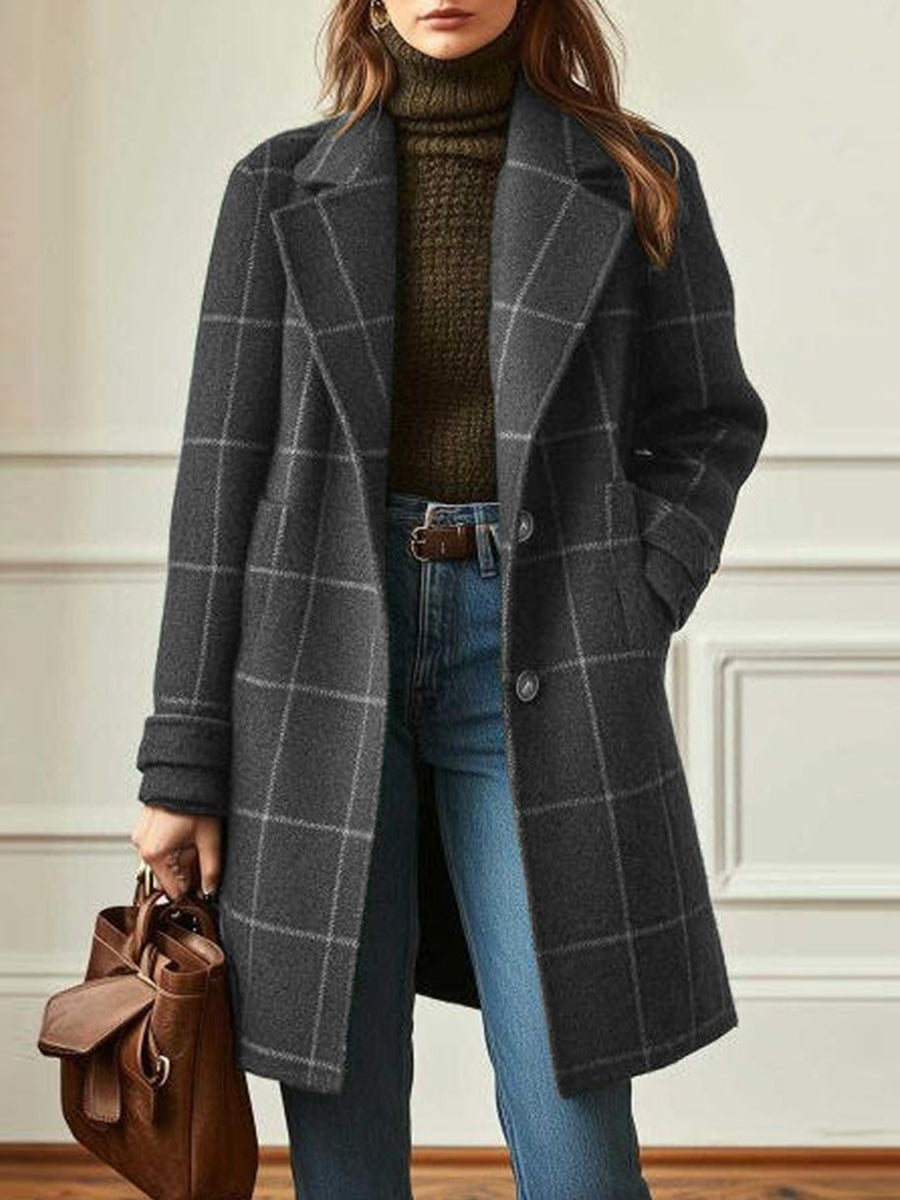Daily Green Plaid Turndown Collar Long Sleeve Pocket Casual Coat