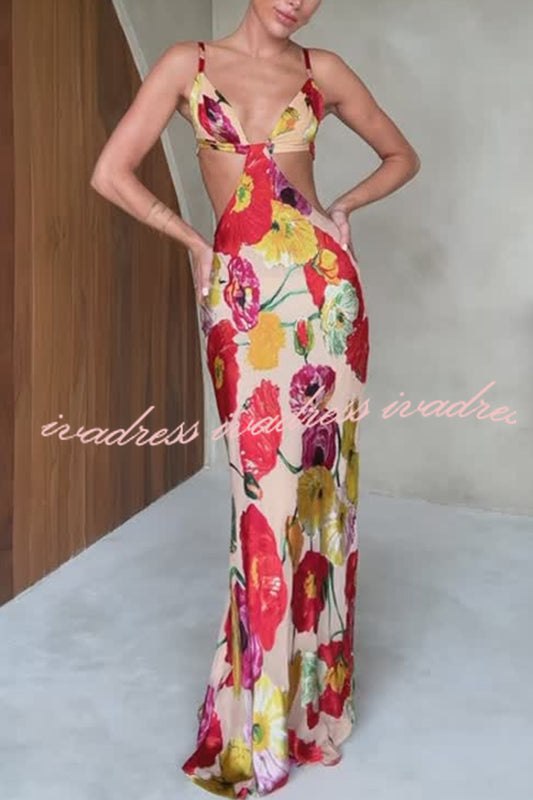 Vestido largo hawaiano con espalda descubierta y estampado floral de satén Hawaiian Dreams