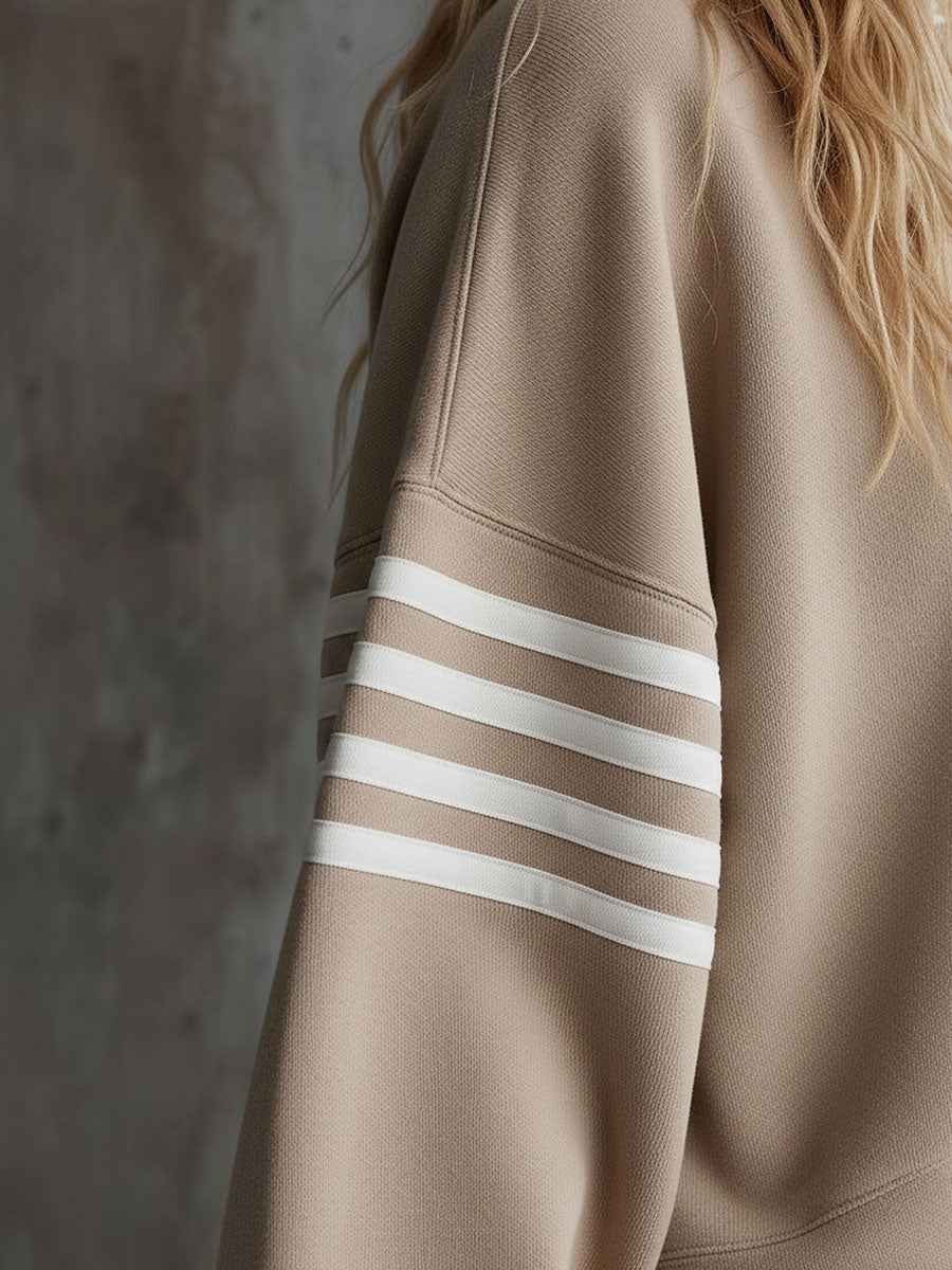 Sporty Retro Striped Light Khaki Long-Sleeve Polo Sweatshirt And Skirt Set