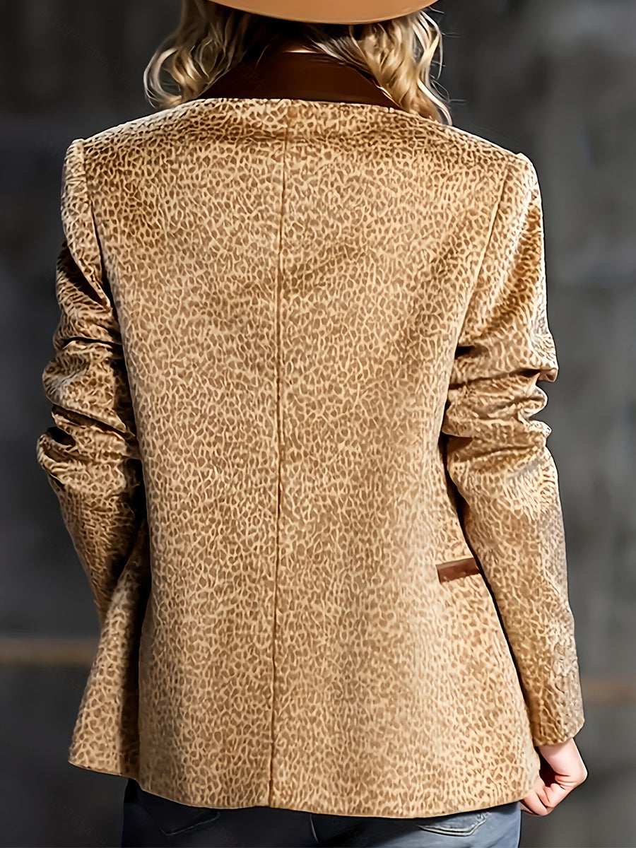 Daily Khaki Leopard Turndown Collar Long Sleeve Pocket Western Button Velvet Blazer