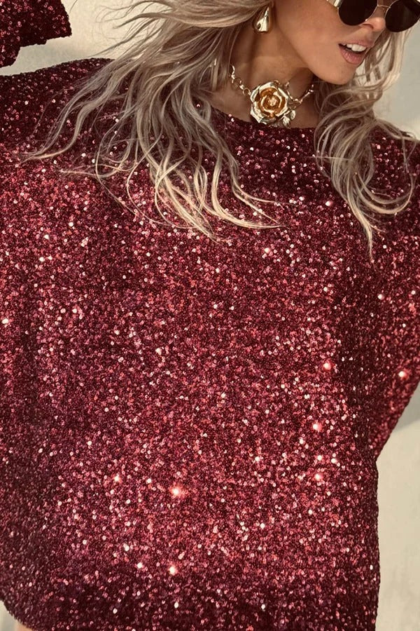 Haute Holidays Sequin Wide Neck Long Sleeve Loose Top