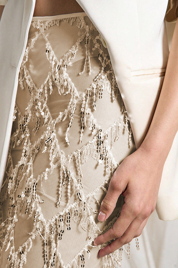 Sexy See-through Sequined Tassel Midi Skirt
