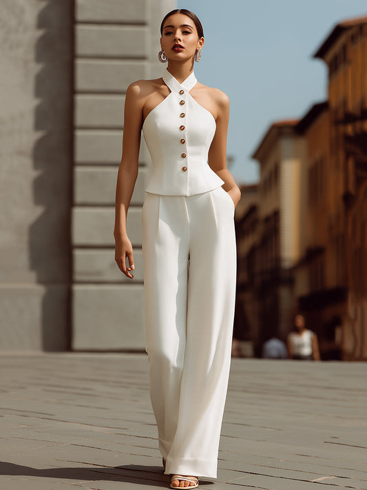 Opulent Halter Vest & Wide-Leg Trouser Two-Piece Set