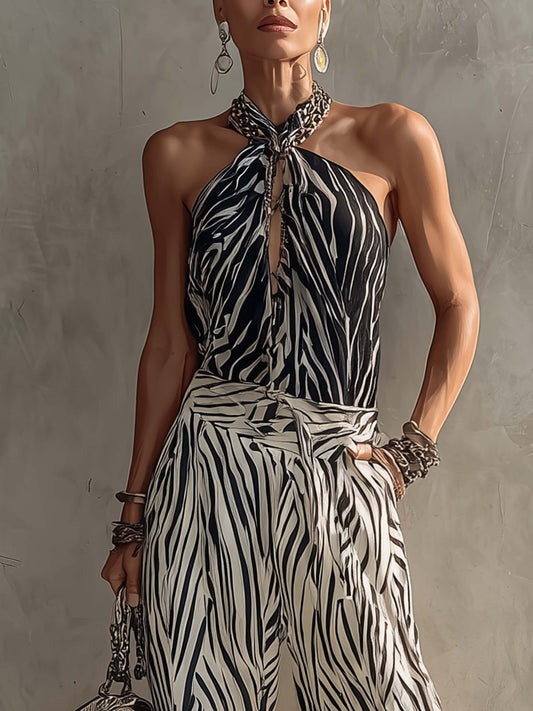 Black And White Zebra Print Halter Chiffon Top And Wide Leg Pants Set
