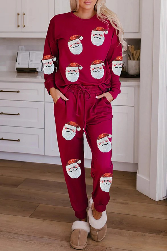 Casual Party Santa Claus Christmas Tree Candy Sequins Lace Up O Neck Long Sleeve Two Pieces