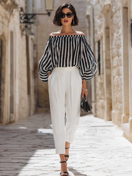 Chic Off-the-Shoulder Striped Blouse & High-Waisted Tailored Trousers Set