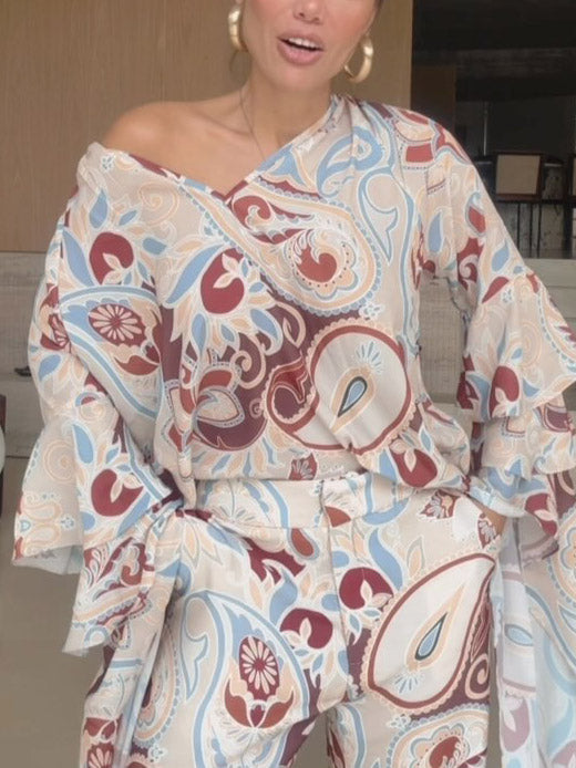 Bohemian Printed Fringe Hem Wide-Leg Pants