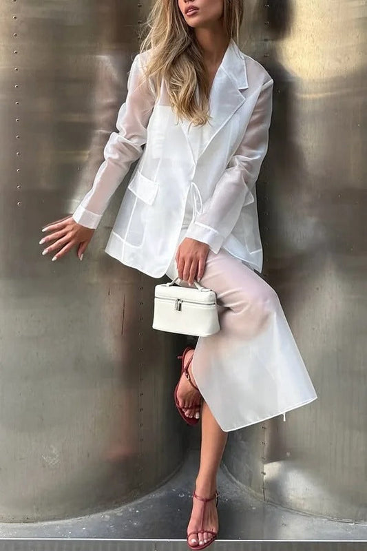 Simple and Light See-through Fabric Tie-up Long Sleeve Pocket Lapel Blazer