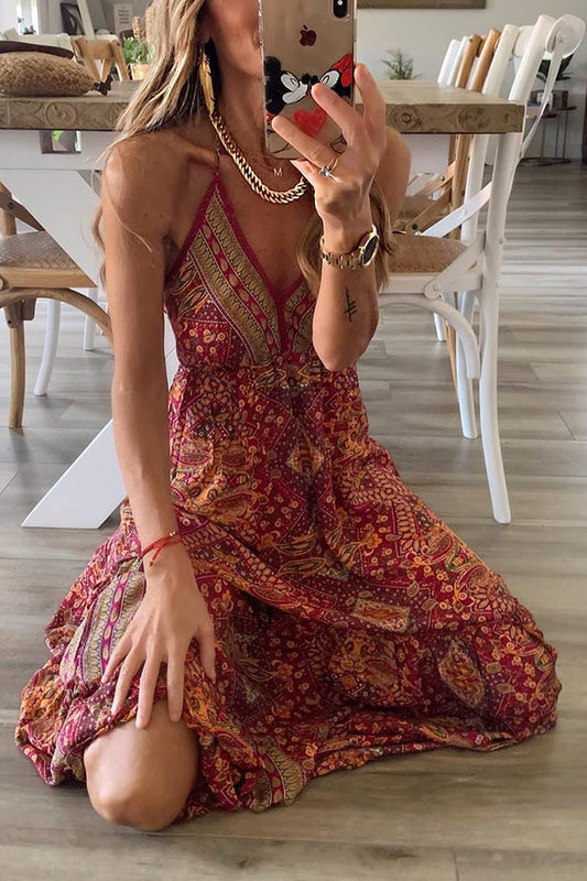 Vestidos largos con cintura elástica y tirantes estampados estilo bohemio celeste