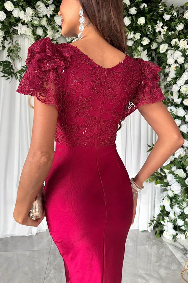 Vestido midi de ensueño con mangas fruncidas y volantes de patchwork de satén y encaje de lujo