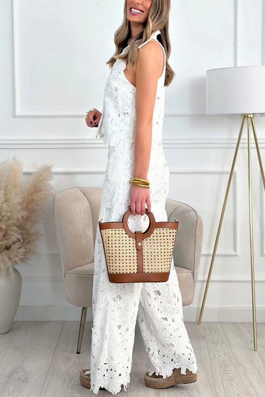 Delighted Embroidery Floral Hollow Lace Shirt-neck Vest and Wide Leg Pants Set