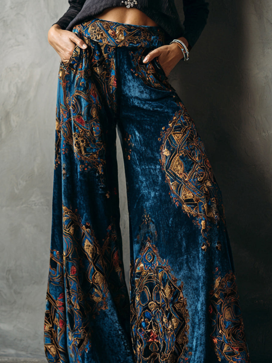 sheenchic Velvet Ethnic Print High Rise Slant Pocket Wide Leg Pants