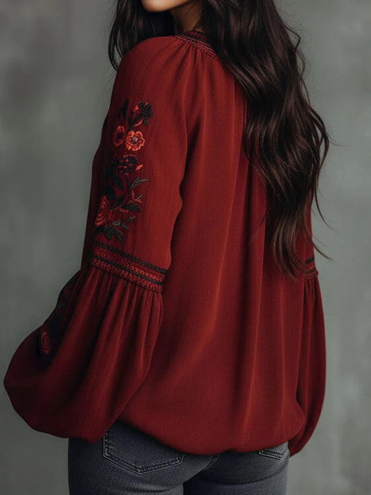 Vacation Burgundy Floral V Neck Lantern Sleeve Long Sleeve Contrast Vintage Linen Blouses