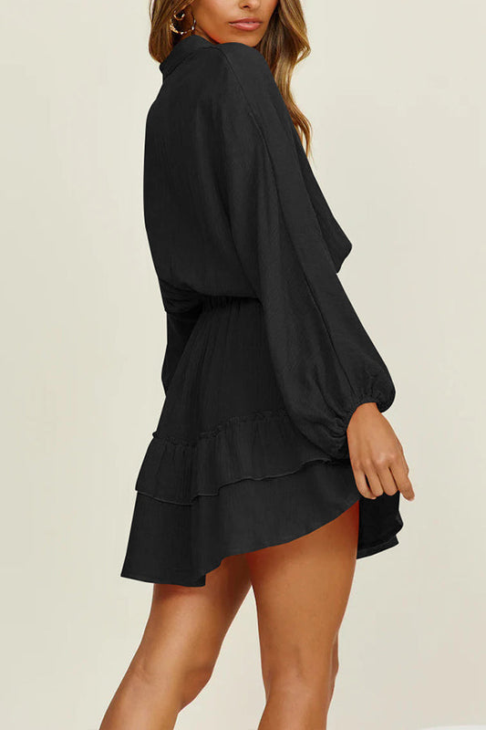 Button Long Sleeve Loose Shirt Dress Elastic Waist Ruffle Skirt