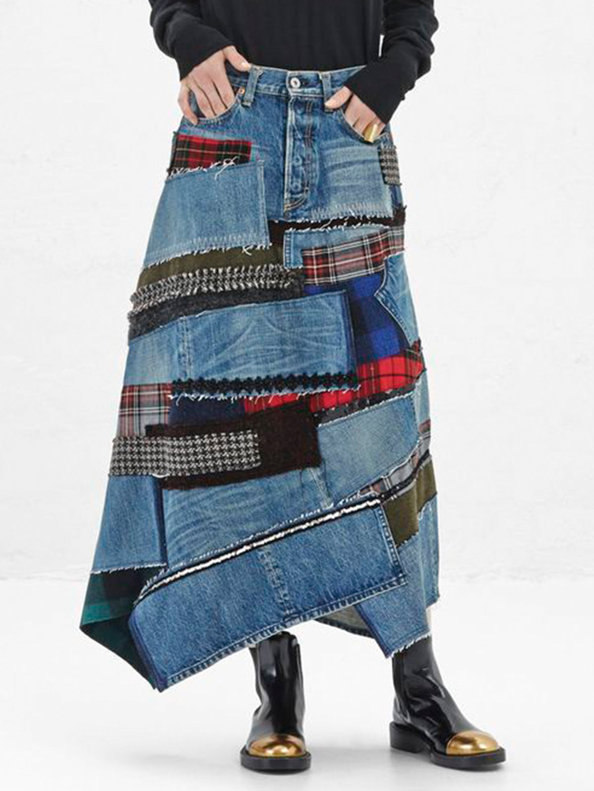 Daily Patchwork Irregular Hem Pockets Denim Print Skirts