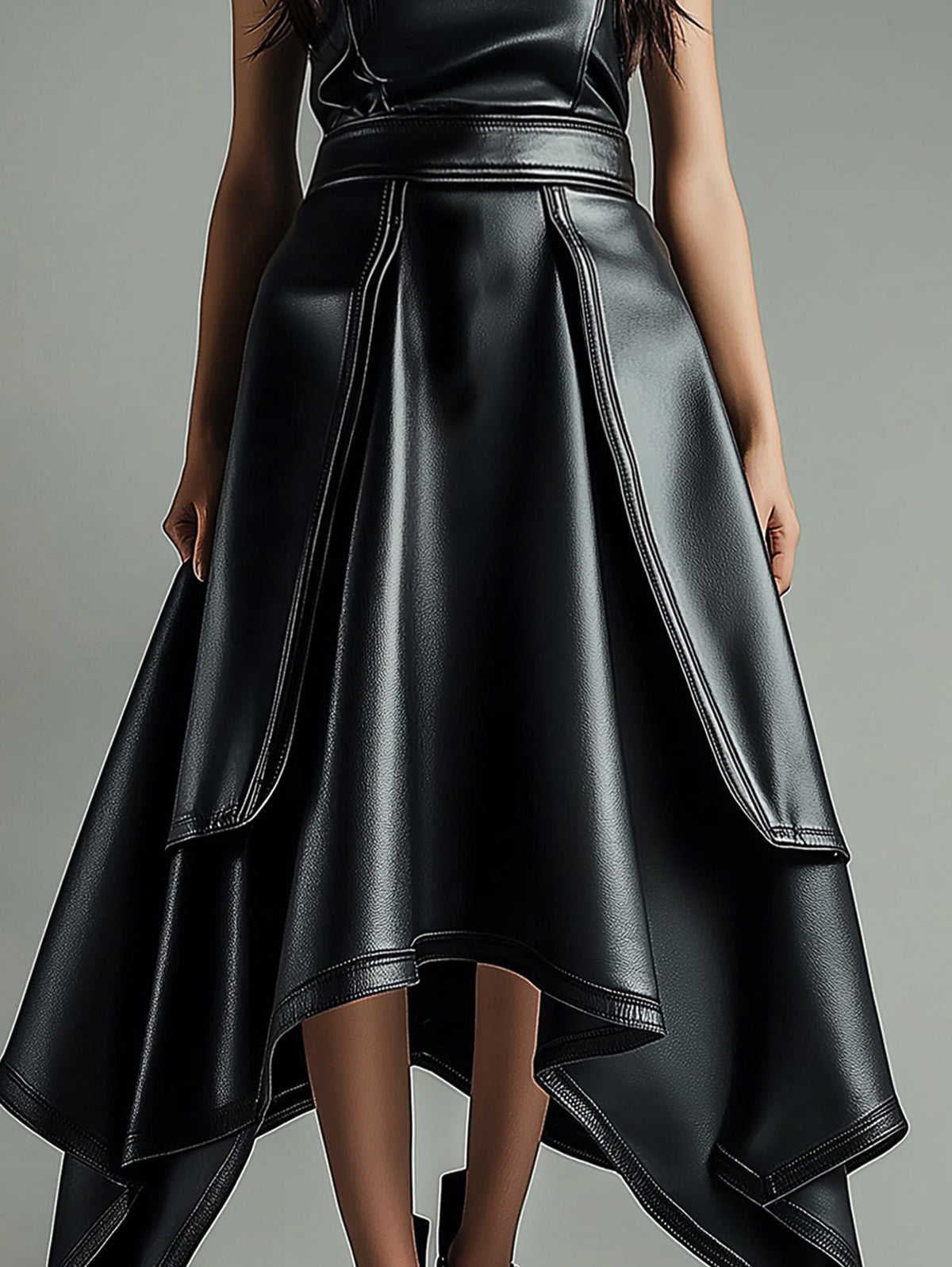 sheenchic PU Leather Layered Irregular Hem Maxi Skirt