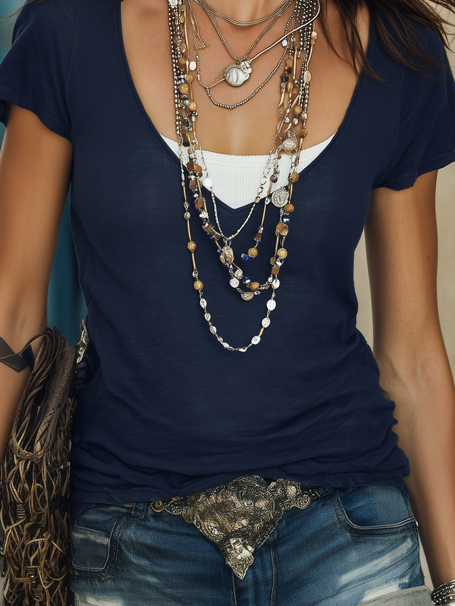 Retro-style Faux Two-piece Knitted Short-sleeved T-shirt