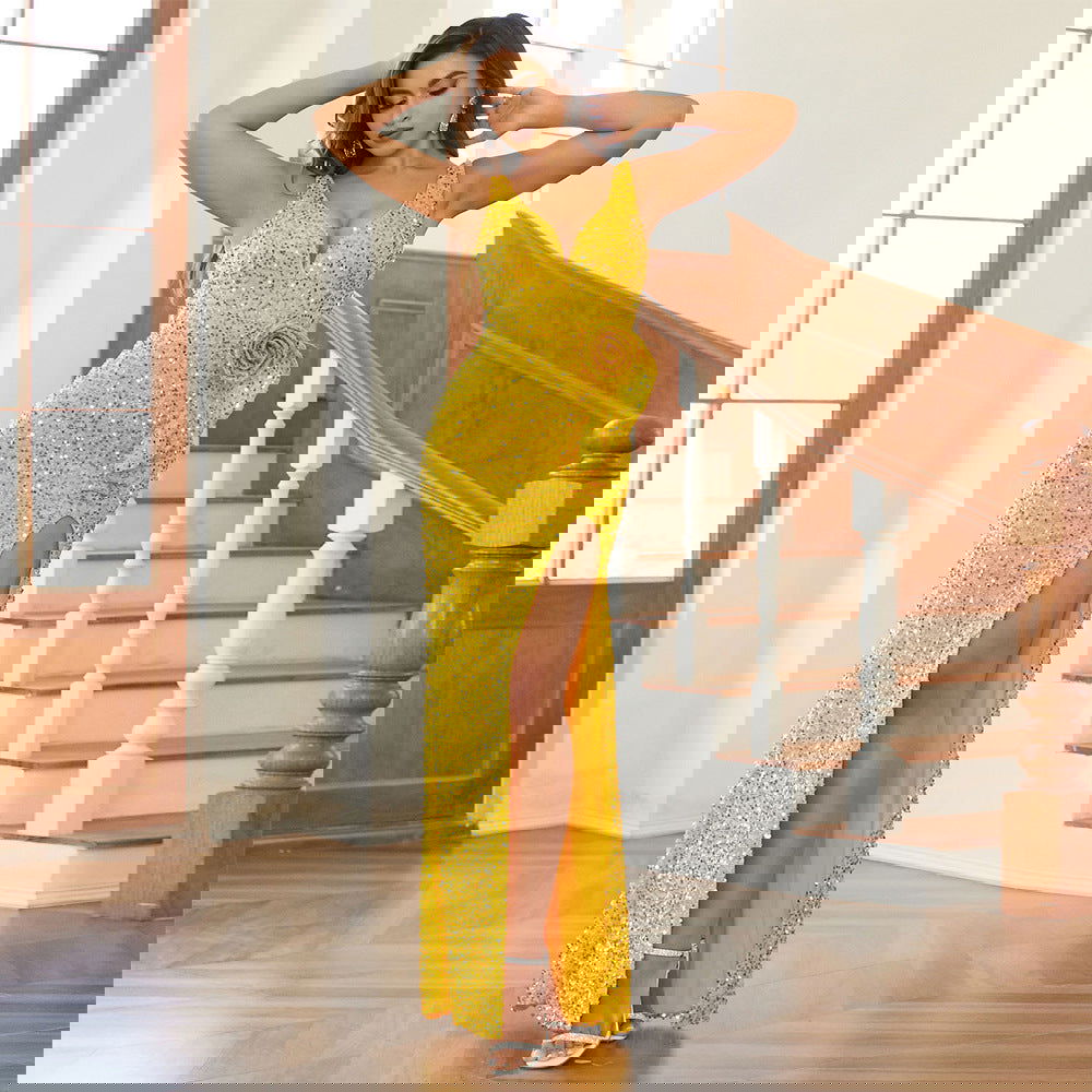 Advanced Sleeveless V neck Cocktail Sequined Hip High Fork Evening Dress Bridesmaid Dress