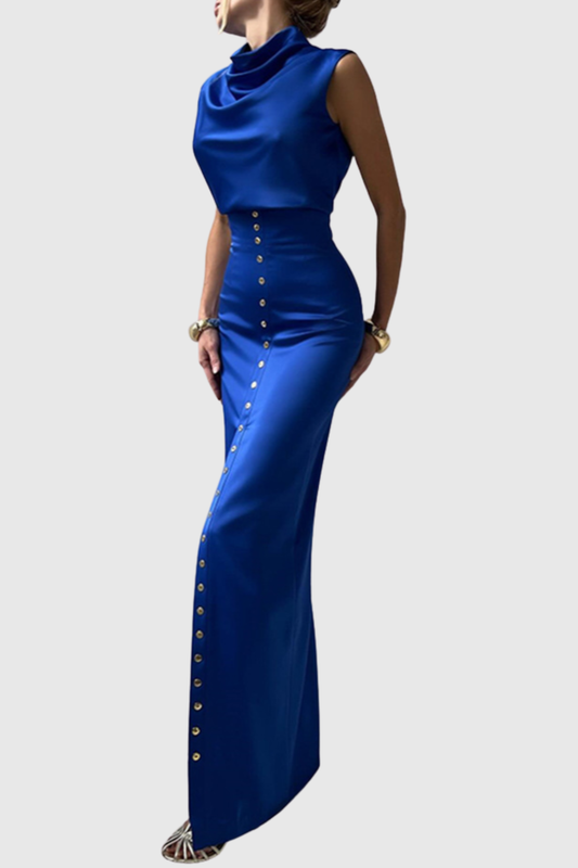 Airlie Satin Top & Buttoned Skirt Set - Blue