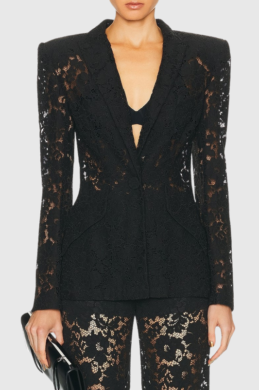 Albany Floral Lace Blazer & Pants Set - Black