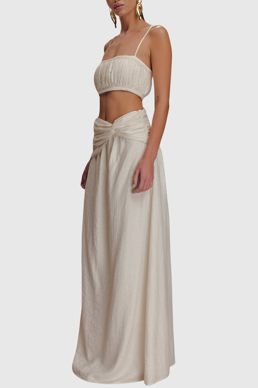 Annike Ruched Top & Knot Maxi Skirt Set - White