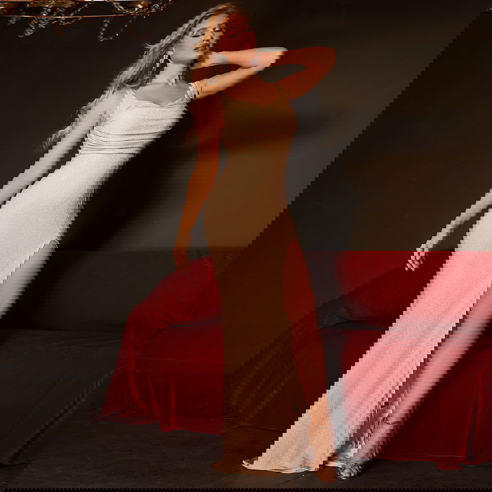 Apricot V neck Brace High Waist High Slit Evening Dress Fishtail Maxi Dress