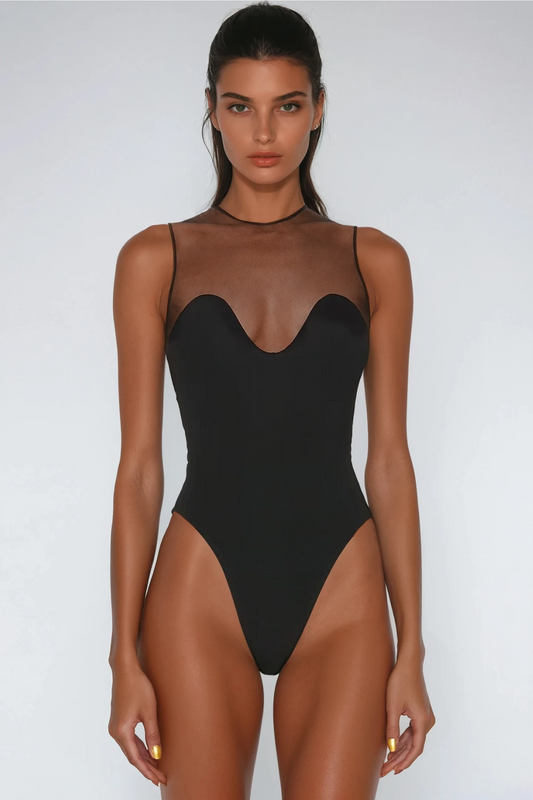 Aquamarine Sleeveless Mesh Bodycon Bodysuit In Black