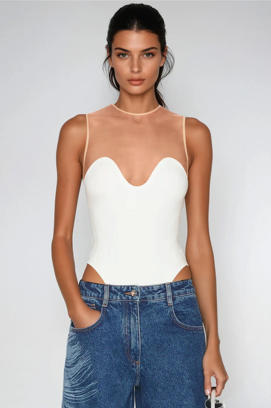 Aquamarine Sleeveless Mesh Bodycon Bodysuit In White