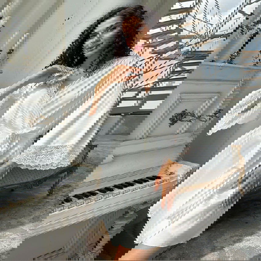 Artificial Silk Lace Stitching Nightdress Nightgown Two Piece Sets Loose Comfortable Homewear