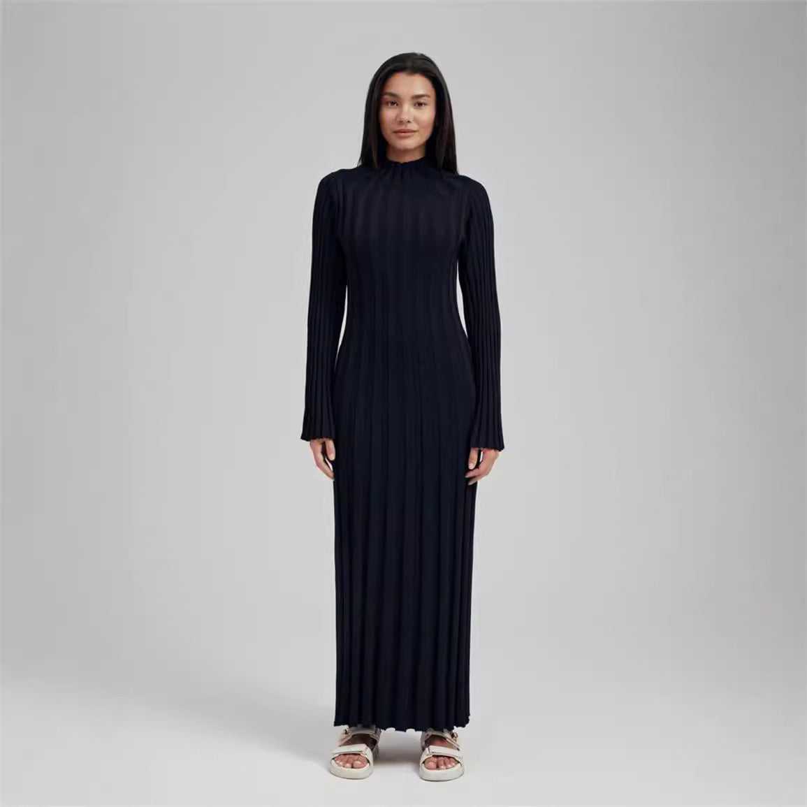 Knitted Dress Casual Waist Tight round Neck Large Pit High Collar Slimming Knitted Maxi Dress for