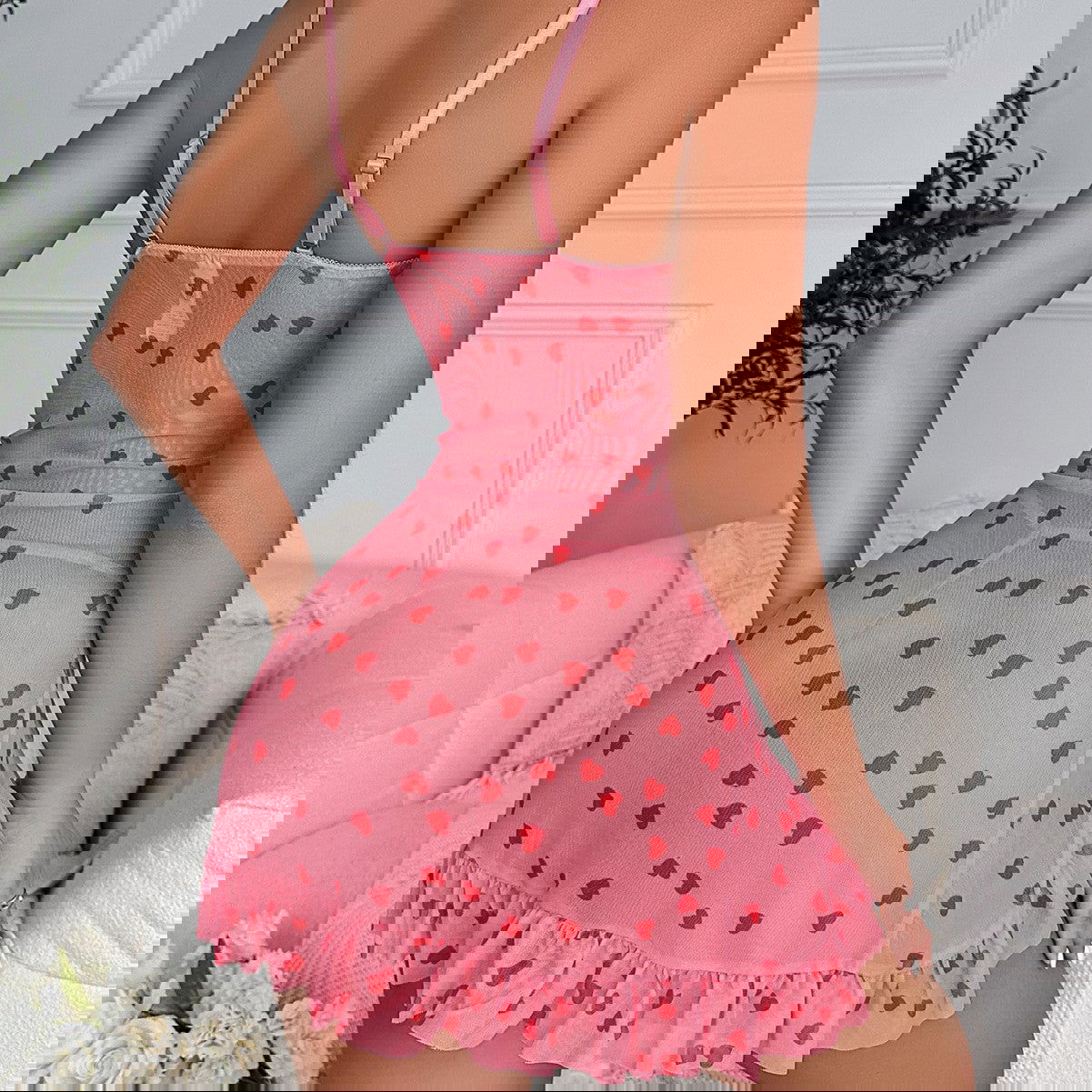 Sling Peach Love Sweet Lingerie Mesh Two Piece Set