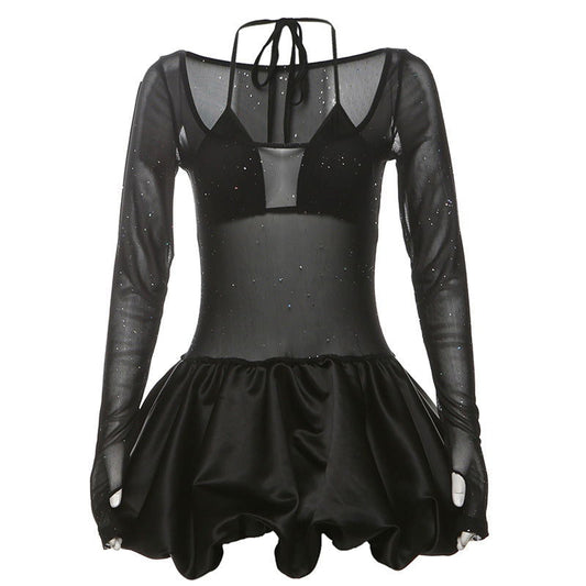 Halter Sling Basic Mesh See through Sequ Dress Two Piece Sets