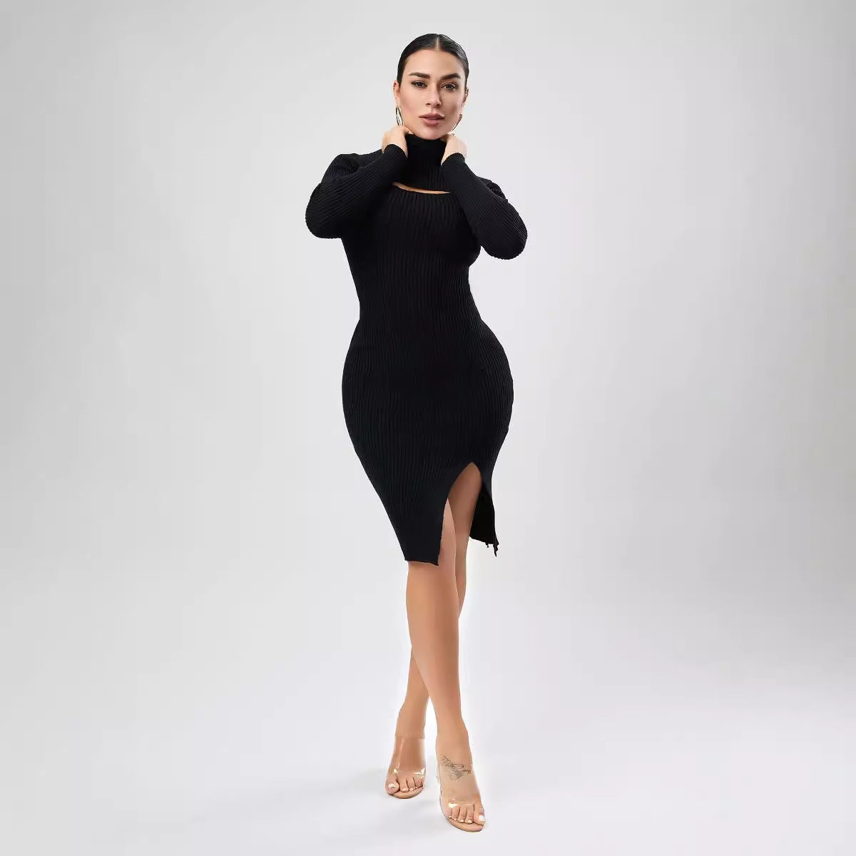 Half Turtleneck Chest Hollow Out Cutout Design Sweater Skinny Slimming Dress