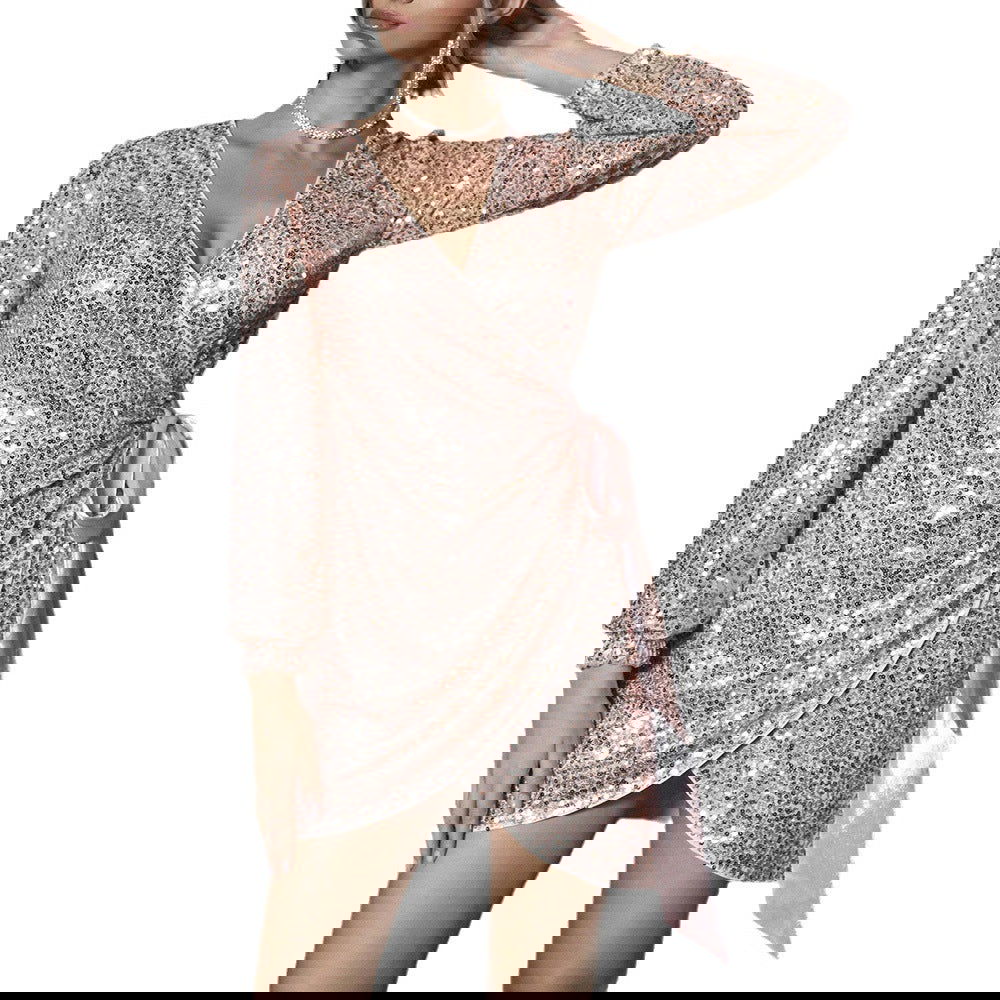 Gentle Dress Sequined V-neck Irregular Asymmetric Long Sleeve Short Dress