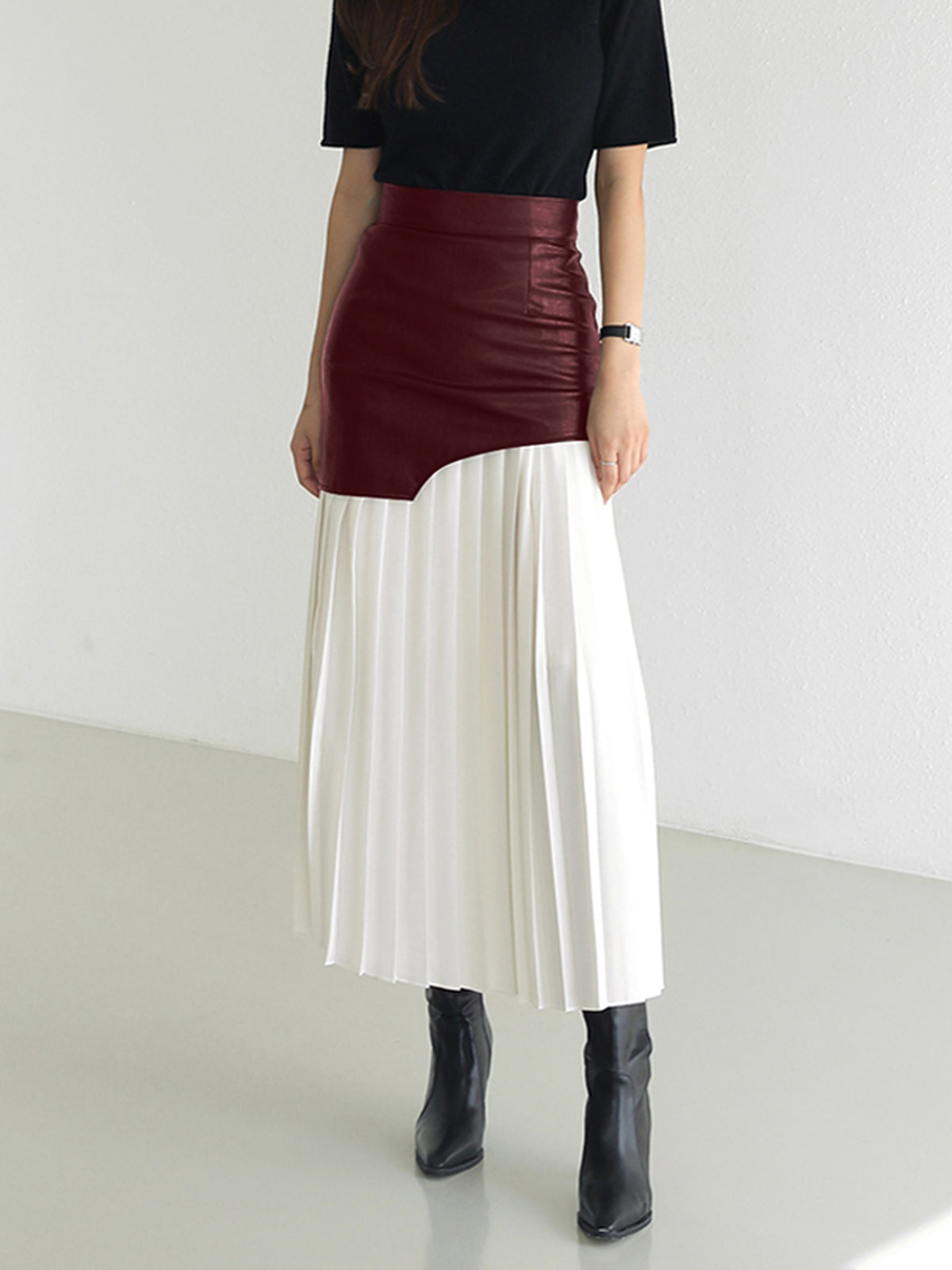 Asymmetric Patchwork Faux Leather Chiffon Pleated Maxi Skirt