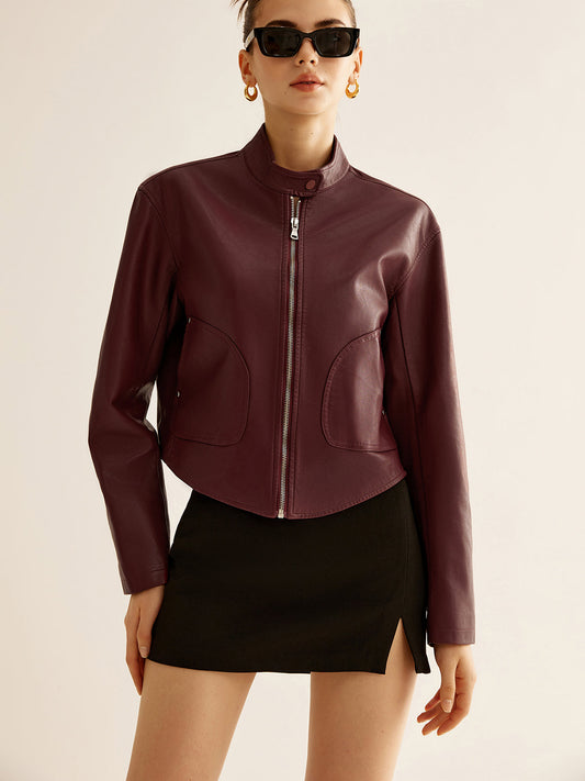 Cropped Faux Leather Jacket | Stand Collar | Minimalist Design