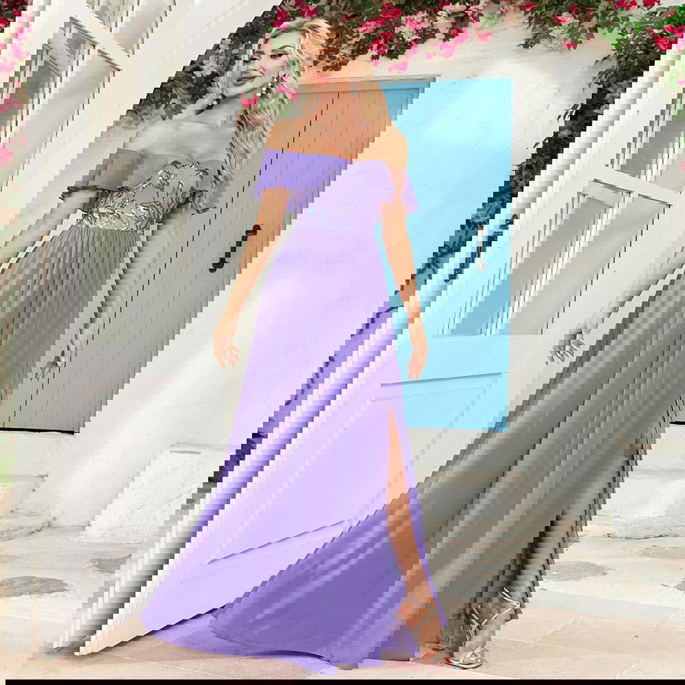 Bandeau One Shoulder Sequin Stitching Back Zipper Bow Side Slit Long Party Evening Dress