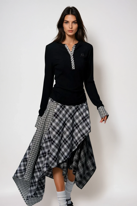 Beril Layered Patchwork Plaid Maxi Skirt