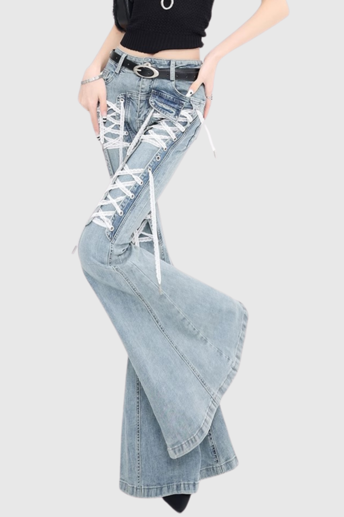 Bruna Lace Up Flared Jeans - Blue