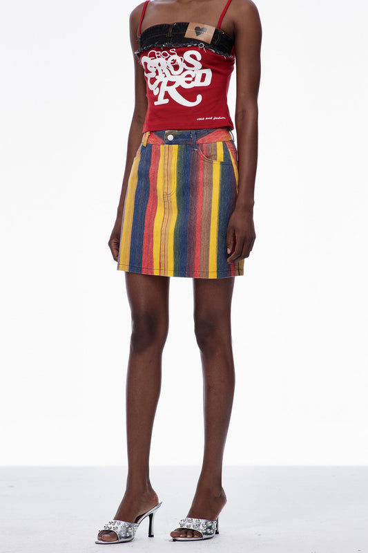 Cara Stripe Denim Mini Skirt In Red