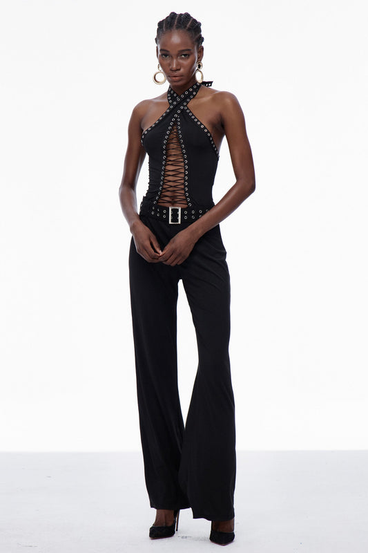 Carlisa Lace Up Cutout Embellished Jumpsuit