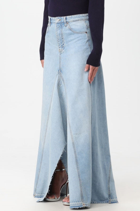 Charlia Paneled Frayed Denim Skirt