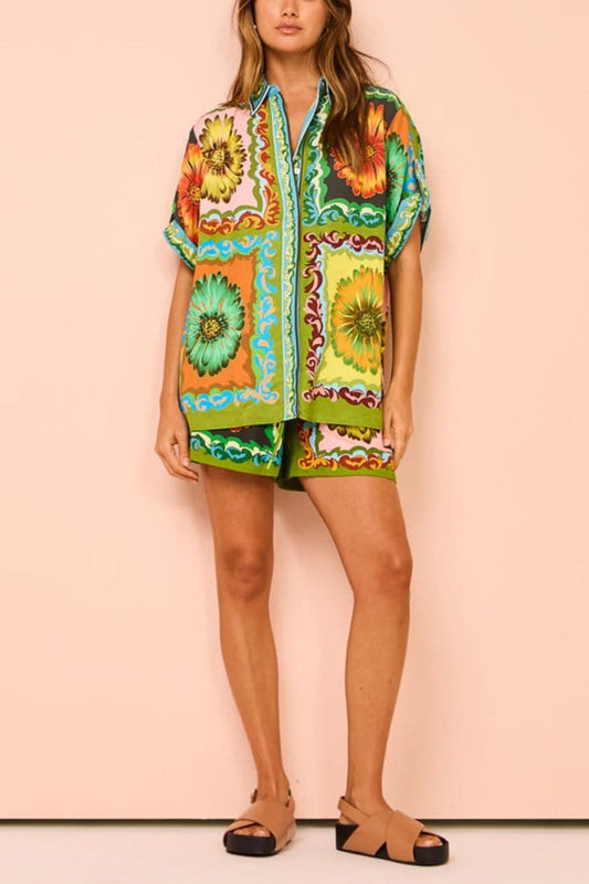 Special Sunflower Print Elastic Waist Shorts-Set