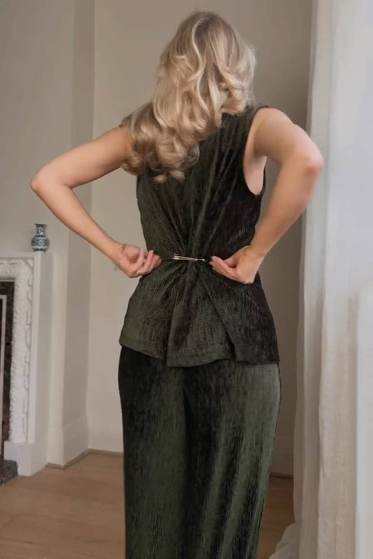 Sleeveless Velvet Top And Wide Leg Pants Set