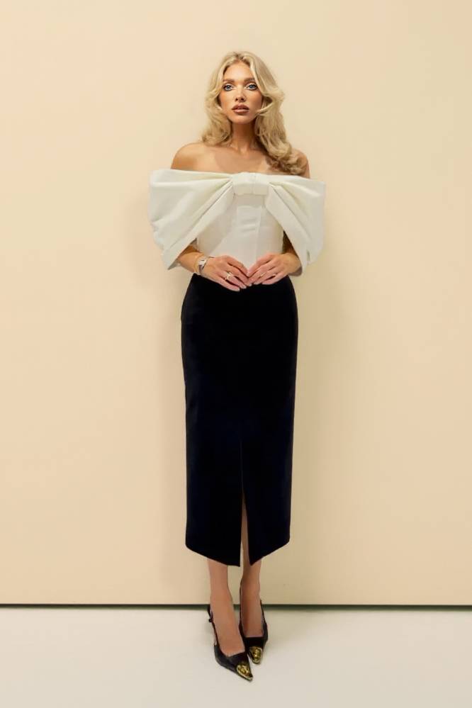 Bow Top And Velvet Skirt Set