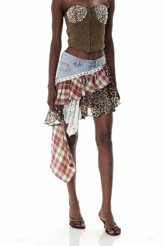 Cruella Patchwork Leopard Lace Mini Skirt