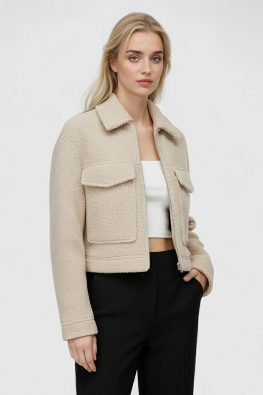 Textured Zip Jacket | Cropped Fit, Collar, Pocket Detail