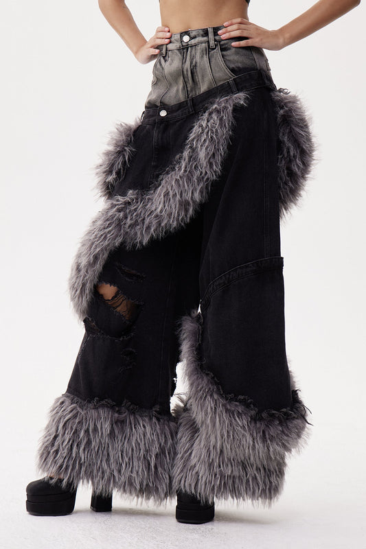 Dena Deconstruct Faux Fur Jeans