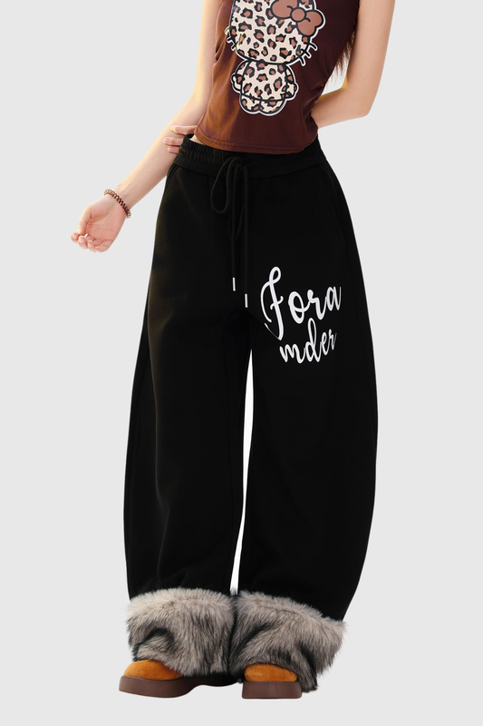 Dobrawa Print Faux Fur Barrel Pants In Black