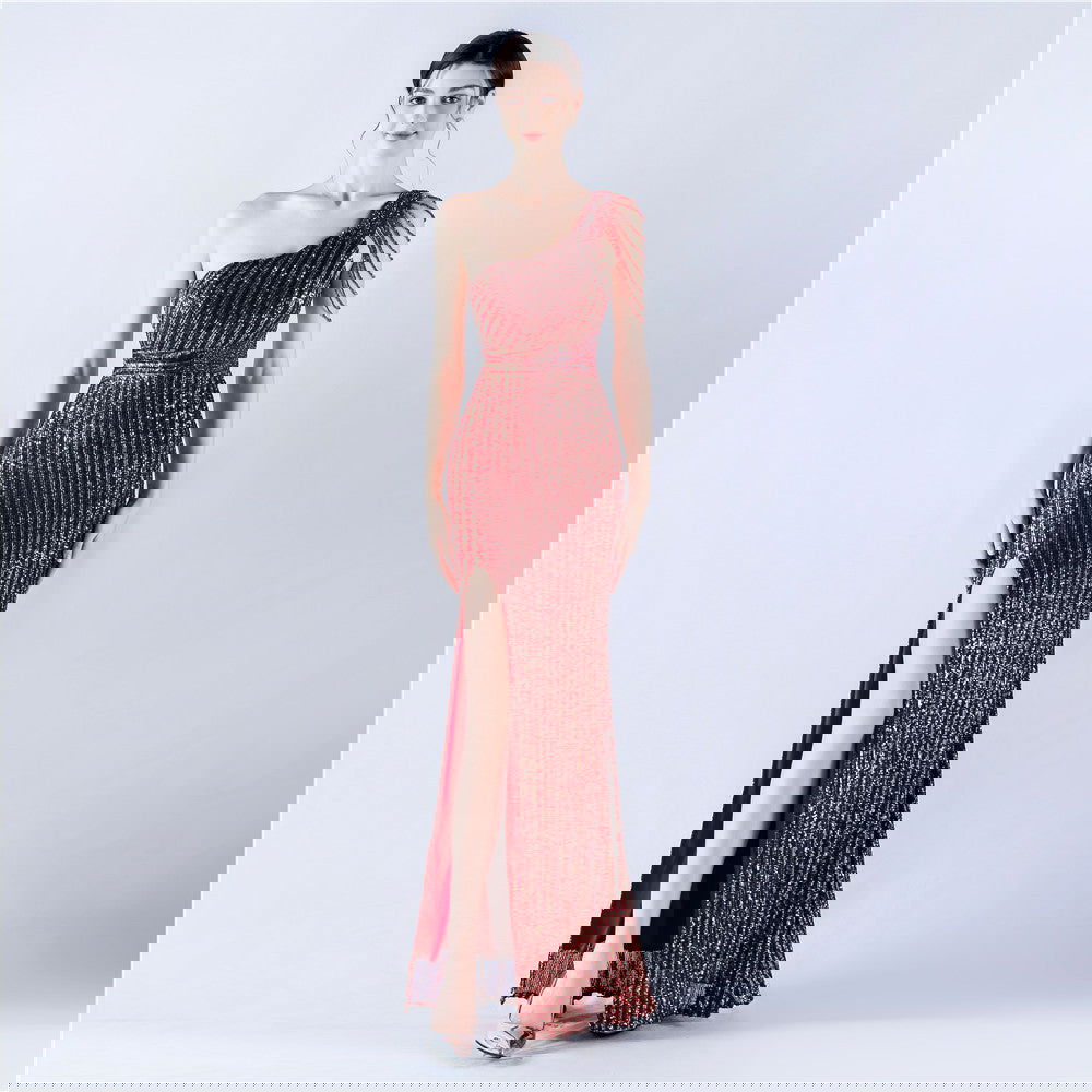 Dress Heavy Industry Beads One Shoulder Diagonal Collar High Fork Sequined Dinner Dress
